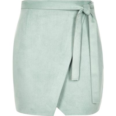 Mint green faux suede wrap mini skirt